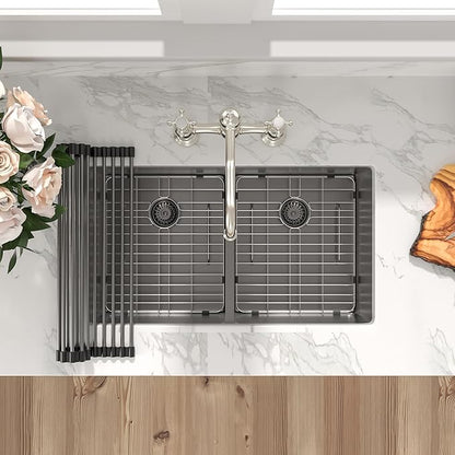Sarlai 33 Inch Black Undermount Kitchen Sink Double bowl- 33x19 Undermount Double Bowl Kitchen Sink Gunmetal Black Stainless Steel 16 Gauge Sink 50/50 Under Counter Sinks Basin with Accessories