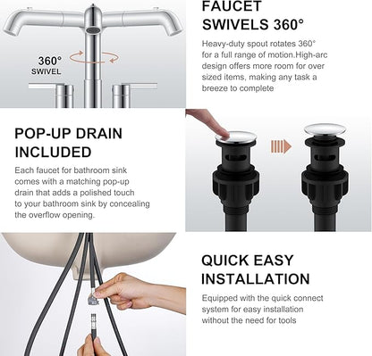 KENES Chrome Centerset Bathroom Faucet with Pull Out Sprayer, 4 Inch 2 Handle Pull Down Bathroom Faucet 3 Hole, Bathroom Sink Faucet with Pop Up Drain & Supply Lines LJ-9059A-5