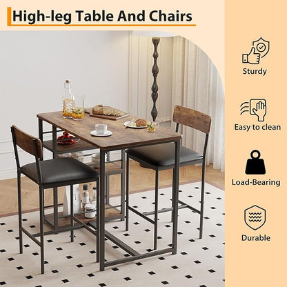 Bar Table Set for 2 with 3 Storage Shelves, Space-Saving Kitchen Table & Chairs with PU Cushions, Thick MDF Wood Top and Steel Frame for Apartment and Bistros - Brown