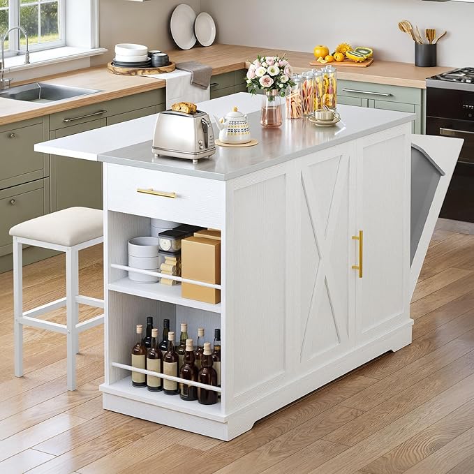 YITAHOME Kitchen Islands with Seating, 47" Mobile Storage Island with Trash Can, Rolling Kitchen Island Cart with Drop Leaf & Stainless Steel Countertop, Bar Table with 2 Stools, Spice Rack, White