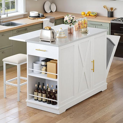 YITAHOME Kitchen Islands with Seating, 47" Mobile Storage Island with Trash Can, Rolling Kitchen Island Cart with Drop Leaf & Stainless Steel Countertop, Bar Table with 2 Stools, Spice Rack, White