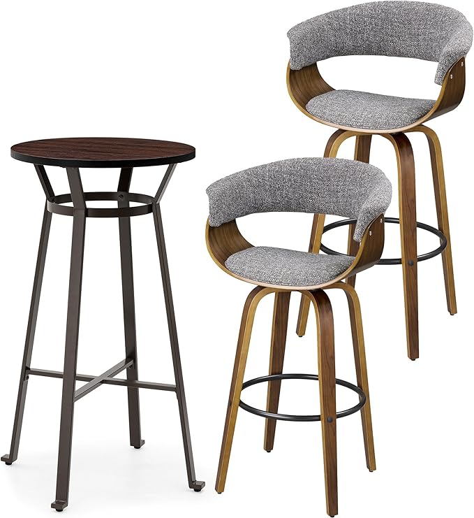 Glitzhome Bar Table and Chairs, Black Fabric Adjustable Swivel Bar Stools Set of 2, Square Black Cocktail Pub Table for Kitchen Island Bistro Office Living Room Dining Room Small Space Restaurant