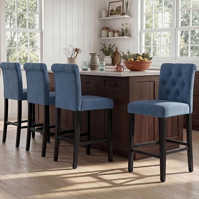 LSSBOUGHT 24 Inches Upholstered Counter Stools, Bar Stools Set of 2, Fabric Counter Stools with Back, Counter Height Bar Chairs with Solid Wood Legs for Home Kitchen Island Dining Room, (2pcs,Blue)