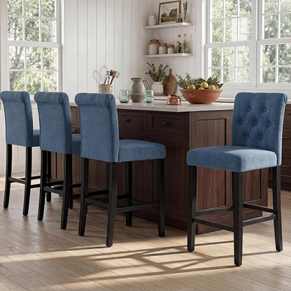 LSSBOUGHT 24 Inches Upholstered Counter Stools, Bar Stools Set of 4, Fabric Counter Stools with Back, Counter Height Bar Chairs with Solid Wood Legs for Home Kitchen Island Dining Room, (4pcs,Blue)