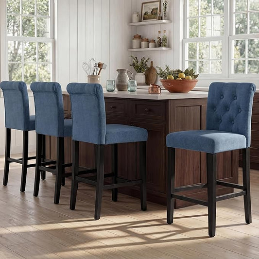 LSSBOUGHT 24 Inches Upholstered Counter Stools, Bar Stools Set of 4, Fabric Counter Stools with Back, Counter Height Bar Chairs with Solid Wood Legs for Home Kitchen Island Dining Room, (4pcs,Blue)