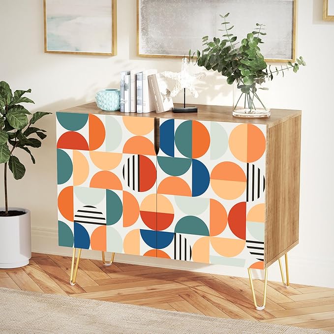 SIGNWIN Sideboard Buffet Cabinet, Kitchen Storage Cabinet with 2 Doors, Orange & Blue Retro Polygon Pattern, Cupboard Console Table for Dining Room - 35" L x 18" W x 29" H
