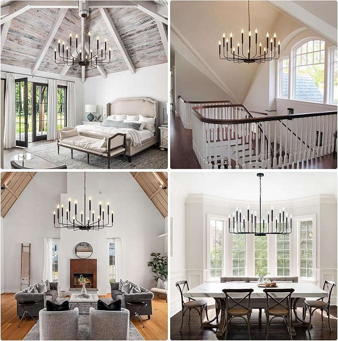 Black Chandelier, 16 Light Farmhouse Chandeliers for Dining Room Lighting Fixtures Hanging, Candle Chandelier Light Fixtures, Industrial Chandeliers for Living Room Kitchen Staircase Foyer