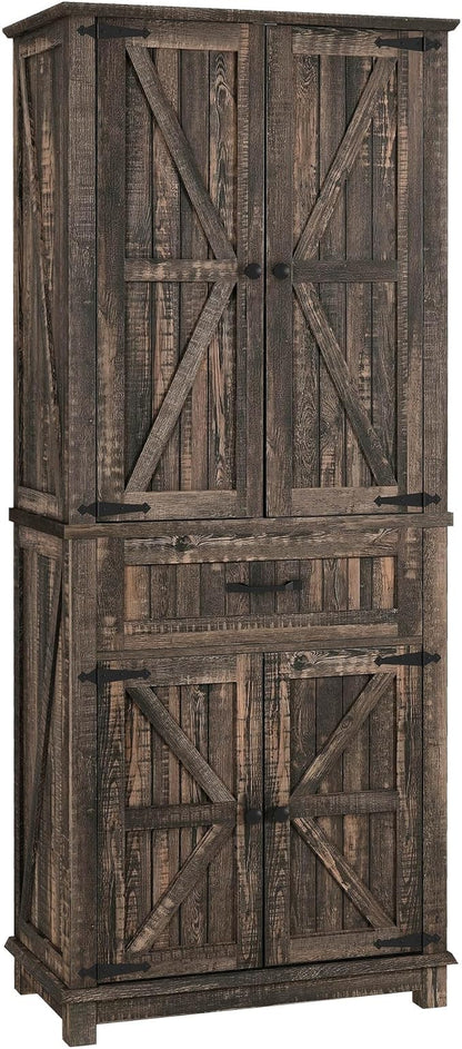 YITAHOME 72.6" H Farmhouse Kitchen Pantry Cabinet, Freestanding Tall Storage Cabinet with 4 Doors, Drawer and Adjustable Shelves, Tall Cupboard for Dining Room, Living Room, Dark Rustic Oak