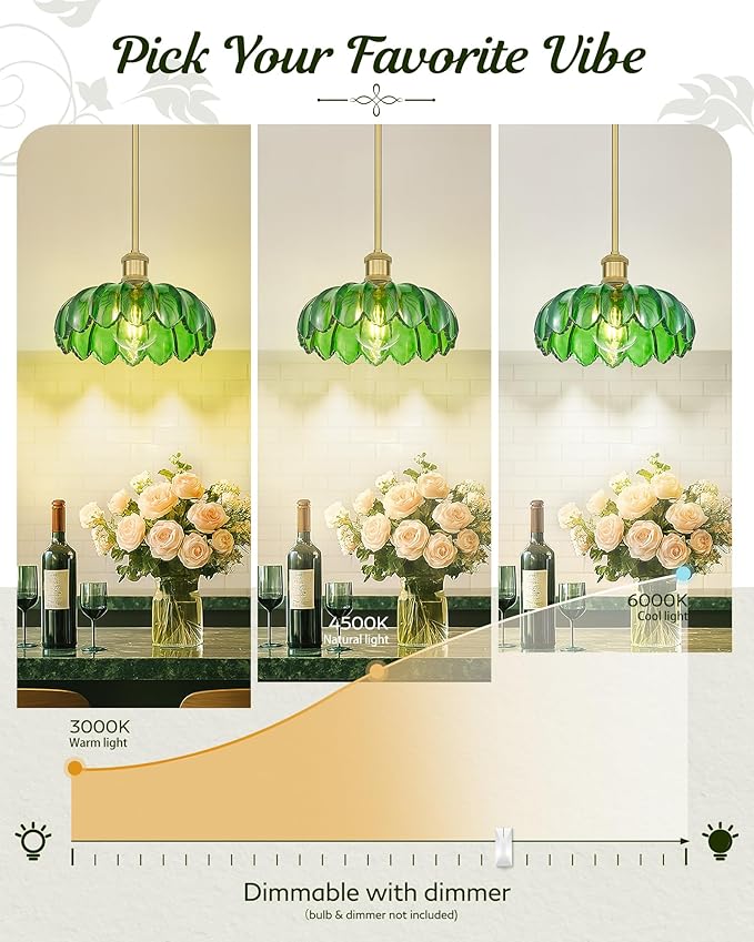 FEMILA 2 Pack Vintage Light Fixtures, Flower Green Glass Pendant Lights Kitchen Island, Brushed Gold Antique Chandelier, Hanging Light Fixture for Bedroom Hotel Living Room, 4FJX82MIL-2PK BG-G