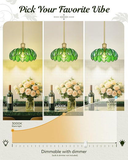 FEMILA 2 Pack Vintage Light Fixtures, Flower Green Glass Pendant Lights Kitchen Island, Brushed Gold Antique Chandelier, Hanging Light Fixture for Bedroom Hotel Living Room, 4FJX82MIL-2PK BG-G