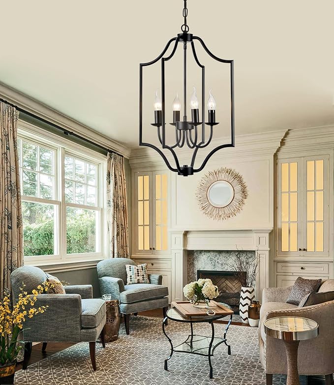 NA 4-Light Farmhouse Chandelier Fixture Rustic Industrial Pendant Lighting Adjustable Height Metal Cage E12 Hanging Lights for Kitchen Island, Dining Room, Living Room, Bedroom, Foyer, Entry