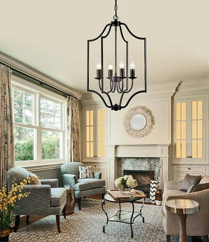 NA 4-Light Farmhouse Chandelier Fixture Rustic Industrial Pendant Lighting Adjustable Height Metal Cage E12 Hanging Lights for Kitchen Island, Dining Room, Living Room, Bedroom, Foyer, Entry
