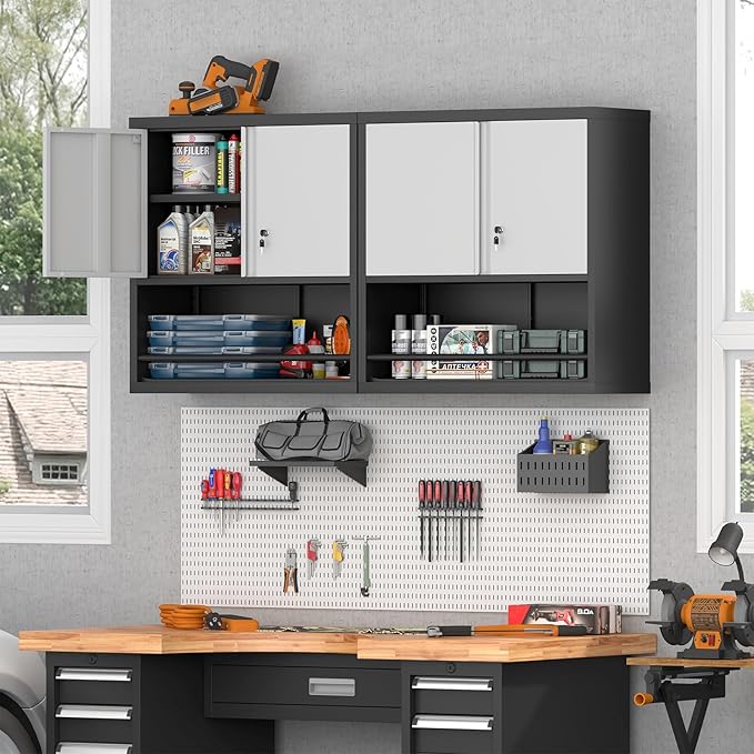 Locking Cabinet, Black Wall Storage Cabinet with Shelves, Hanging Cabinets with Open Storage, Small Wall Cabinet, Lockable Tool Cabinet for Basement, School, Office