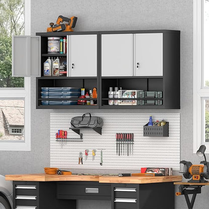 Locking Cabinet, Black Wall Storage Cabinet with Shelves, Hanging Cabinets with Open Storage, Small Wall Cabinet, Lockable Tool Cabinet for Basement, School, Office