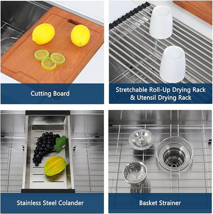 HOTIS 32 Inch Undermount Kitchen Sink Stainless Steel, 32" x 18" Single Bowl Undermount Workstation Sink, 16 Gauge Handmade Multifunction Chef Sink with Cutting Board & Accessories