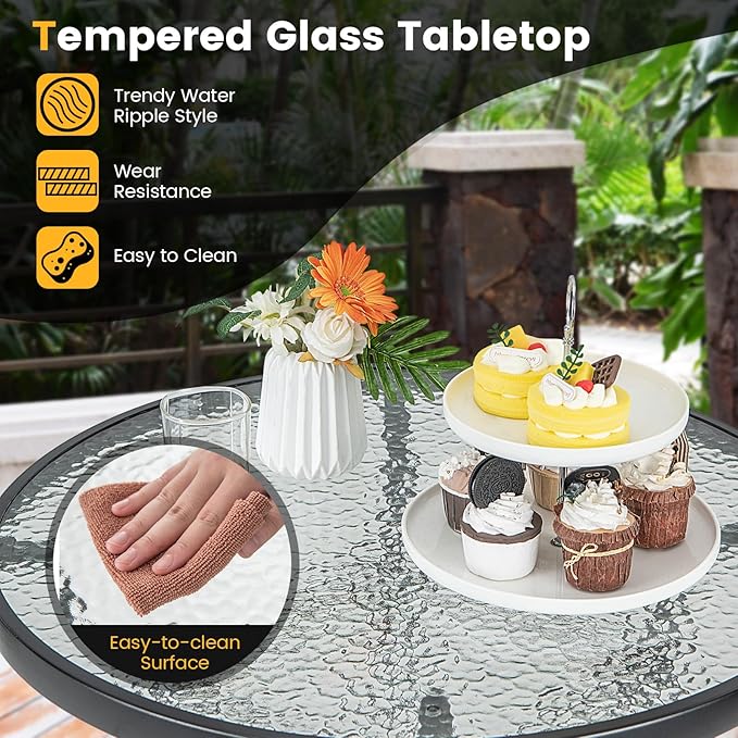 Giantex Patio Bar Table, 38" Height High Top Bistro Table, 27" Round Tempered Glass Tabletop, Heavy-Duty Metal Frame, Outdoor Table for Bistro Porch Garden Balcony