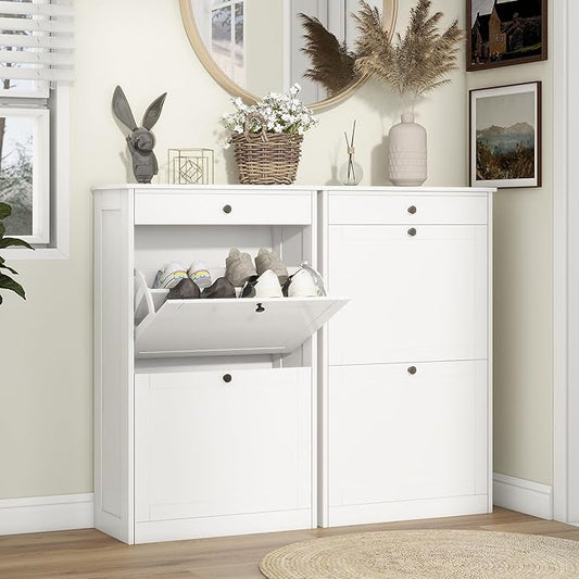 FTZxHKLX Shoe Cabinet with 2 Flip Drawers Set of 2, Small Wood Modern Shoe Organizer with Adjustable Shelf, Narrow Freestanding Hidden Shoe Cabinet Storage for Entryway, Hallway, Living Room, White