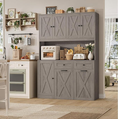 HOSTACK 71" H Kitchen Trash Can Cabinet, 12.5 Gallon Double Pull Out Garbage Can Hutch Cabinet with Trash Bin Storage Holders, 47" Wide Kitchen Pantry with Hidden Garbage Storage, Ash Grey