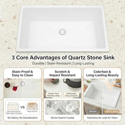 MILOSEN White Undermount Kitchen Sink, 31"x18" Granite Composite Single Bowl Kitchen Sinks, 9" Deep Large Undermount/Drop In Sink with Custom Accessories, White Quartz Kitchen Sinks for Modern Kitchen