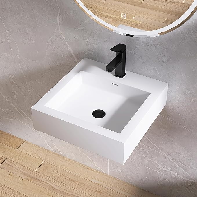 Small Vessel Sink, 19" x 19" Wall Mount Bathroom Sink, Stone Resin Floating Sinks with Overflow, Square Solid Surface Floating Vessel Sinks, White