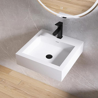 Small Vessel Sink, 19" x 19" Wall Mount Bathroom Sink, Stone Resin Floating Sinks with Overflow, Square Solid Surface Floating Vessel Sinks, White