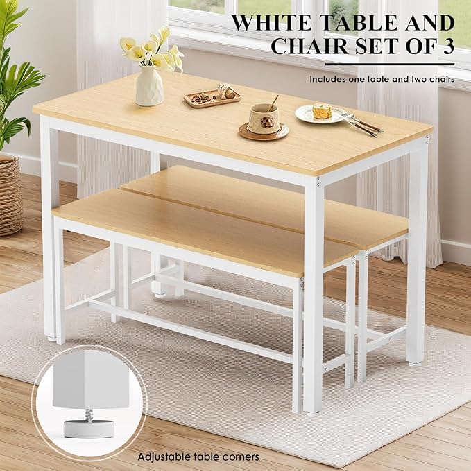 Dining Table Set for 4, Small Kitchen Set with 2 Benches, Kitchen Table with Metal Frame and Adjustable Feet, 3-Piece Dining Room Set for Breakfast Nook and Small Space, White