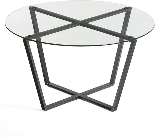 Mango Steam Round Metro Glass Coffee Table for Living Room & Dining Room - Clear Top/Black Base