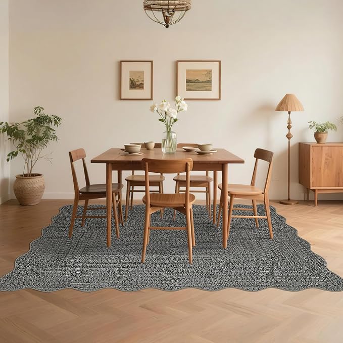 Imitation Braided Collection-Print Washable Rugs 10x13 Area Rug for Living Room Scalloped Bedroom Rug Soft Large Area Rug Non Slip Throw Rugs Stain Resistant Carpet for Nursery Dining Room