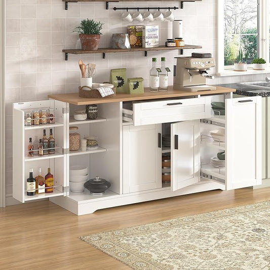 Sideboard Buffet Cabinet with 3-Tier Pull-Out Rack, Multi-Functional Kitchen Island with Adjustable Shelves and Drawers, Wood Buffet Table for Kitchen, Dining Room, Living Room, White
