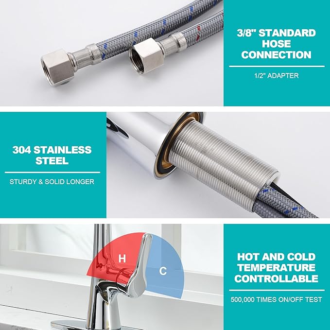 Kitchen Faucet with Pull Down Sprayer, Polished Chrome Kitchen Sink Faucet 1 or 3 Hole, High Arc Single Handle Spot Resist Stainless Steel Kitchen Faucets for Farmhouse Camper Laundry Rv Bar