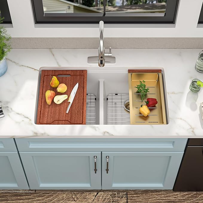 33 Granite Composite Kitchen Sink Double Bowl - Fulorni 33"x19" Granite Kitchen Sink Ledge Workstation White Undermount Double Bowl 50/50 Luxury Quartz Classic Under Counter Basin