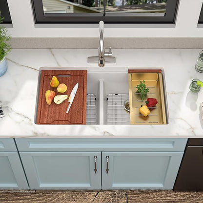 33 Granite Composite Kitchen Sink Double Bowl - Fulorni 33"x19" Granite Kitchen Sink Ledge Workstation White Undermount Double Bowl 50/50 Luxury Quartz Classic Under Counter Basin