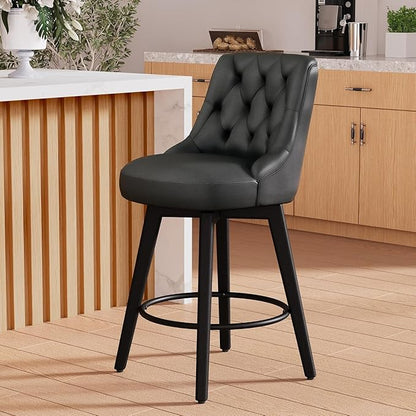 Vipbear Swivel Bar Stools Set of 2, Updated Thickened Faux Leather Counter Height Barstools with Backs, Solid Wood Legs, 26" Modern Bar Height Stools for Kitchen Island, Dining Room, Black Seat