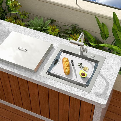 Sarlai Outdoor Sink - 21 x 20 Inch Drop In Workstation Kitchen Sink with Dust Lid and Faucet 16 Gauge Stainless Steel Single Bowl Bar Basin with Cutting Board BBQ Basin Outside
