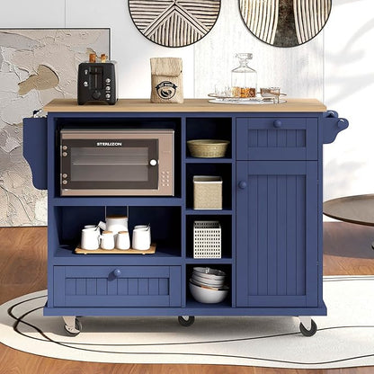 Kitchen Island Cart with Storage Cabinet and Two Locking Wheels, Microwave Cabinet, Solid Wood Desktop, Floor Standing Buffet Server Sideboard for Kitchen Room, Dining Room, Bathroom (Dark blue-JZP1)