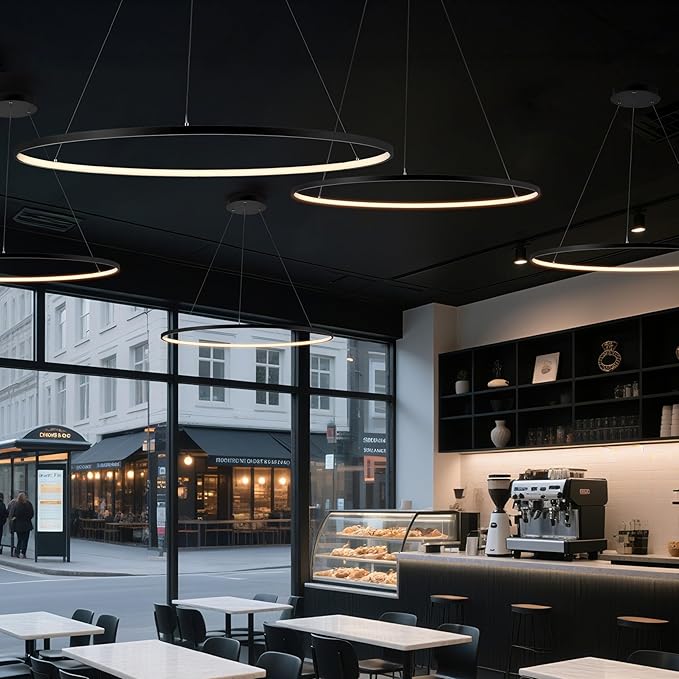 JONATHAN Y 35" Matte Black Modern Integrated LED Pendant Light, Dimmable Round Hoop Chandelier for Kitchen Island, Dining Room, Adjustable Height Metal Hanging Light (JYL7220A)