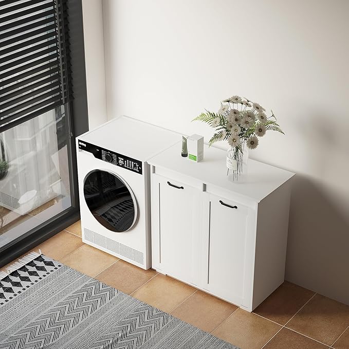 KEIKI Double Tilt Out Laundry Hamper Cabinet, with 2 Removable Liner Bags, Double Doors Hidden Hamper w/Metal Handles, Free Standing Wood Laundry Sorter Floor Cabinets for Bathroom,White, (Style A)
