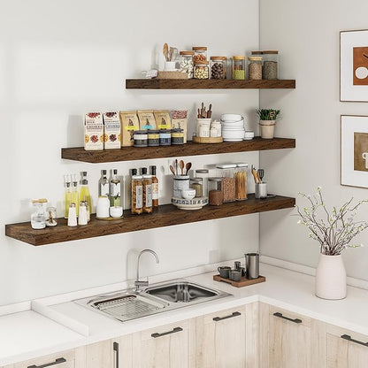RICHFOCUS 40Inch Floating Shelves for Wall 2 Pack Shelves for Bedroom|Kitchen|Bathroom Wall Mounted Rustic Wood Floating Shelf with Invisible Brackets for Books|Storage|Decor, Rustic Brown