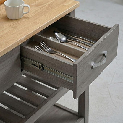 Casaphoria Amanda Collection Solid Wood Kitchen Island, 42" Butcher Block Cart with Rubberwood Top & Locable Wheels, Prep Table for Small Spaces (Weathered Gray)
