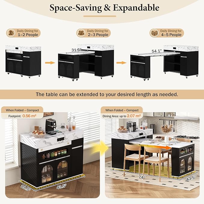 Modern Extendable Dining Table with Folding Top, Rolling Kitchen Island with Drawers & Storage Cabinet - Space Saving Kitchen & Dining Room Furniture with Sturdy Frame Construction, Easy Assembly,Blac