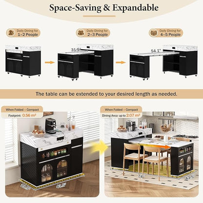 73.8''Kitchen Island with Extendable Dining Table for 4-6 Rolling Kitchen Island w/ Power Outlet | Multiple Storage Space Mobile Folding Storage Cart w/ Brake Lock for Dining Room,Black + Marble White
