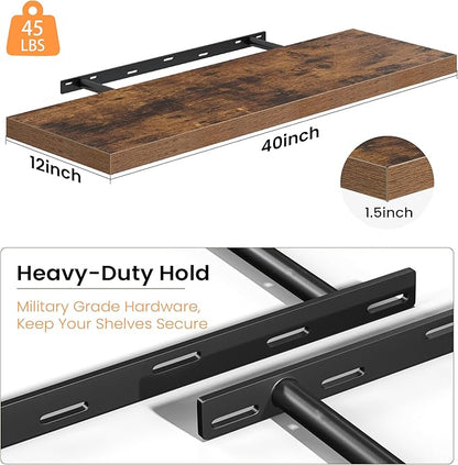 40 Inch Floating Shelves, 12 Inch Deep Wall Shelves, 40 x 12 Floating Shelf Set of 2, Rustic Brown Wood Floating Shelf Wall Mounted, Large Kitchen Living Room Bedroom Bathroom Storage Shelves