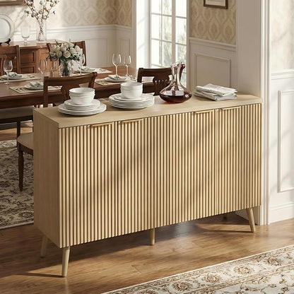 Natual Oak 47.2" Modern Fluted Wood Sideboard – 4-Door Buffet Cabinet with Adjustable Shelves, Multi-Space Storage Credenza for Living Room, Dining Room & Entryway