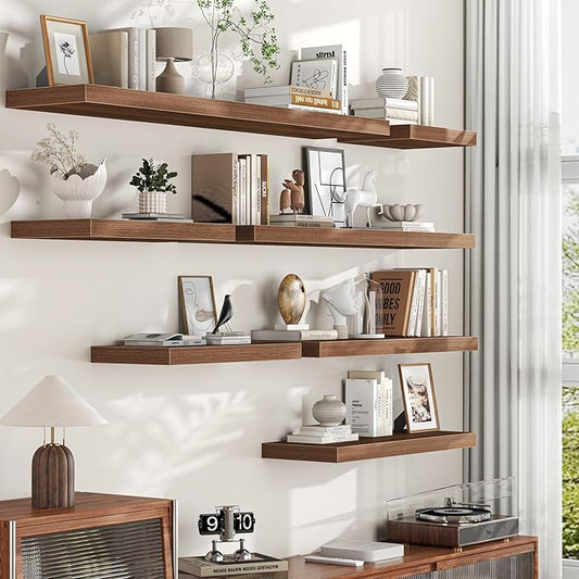 48 Inch Floating Shelves, 12 Inch Deep Wall Shelves, 48 x 12 Floating Shelf Set of 2, Walnut Rustic Wood Floating Shelf Wall Mounted for Large Kitchen Living Room Bedroom Bathroom Storage