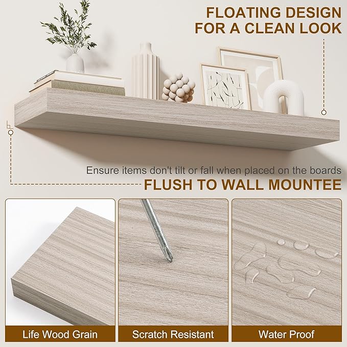 Fun Memories 55 Inch Fireplace Mantel - Long Floating Shelf, Wall Mounted Farmhouse Display with Invisible Heavy Duty Metal Bracket, 2 Pack, Grey