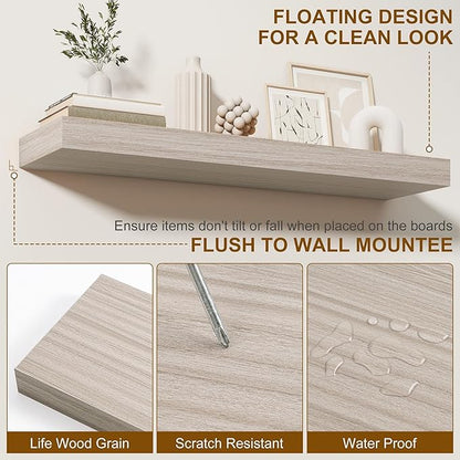 Fun Memories 66 Inch Fireplace Mantel - Long Floating Shelf, Wall Mounted Farmhouse Display with Invisible Heavy Duty Metal Bracket, Grey, 2 Pack