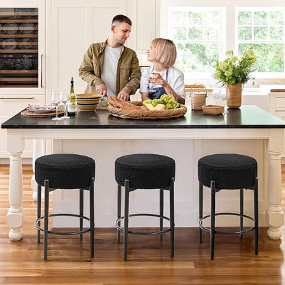 Murago Counter Height Bar Stools, Set of 2, 24" Modern Backless Bar Stools, Ideal for Kitchen Counter, Kitchen Island, Boucle Sherpa Padded Cover, with Round Soft Seat and Foot Rest, Black