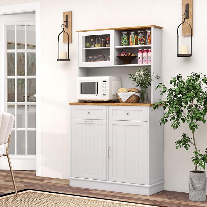 Giantex 68” Tall Kitchen Pantry, Buffet Hutch w/Tilt Out Trash Can Storage Cabinet, 2 Drawer, Shelves, Rubber Wood Microwave Countertop, Wood Sideboard Cupboard for Home Coffee Bar (White & Natural)