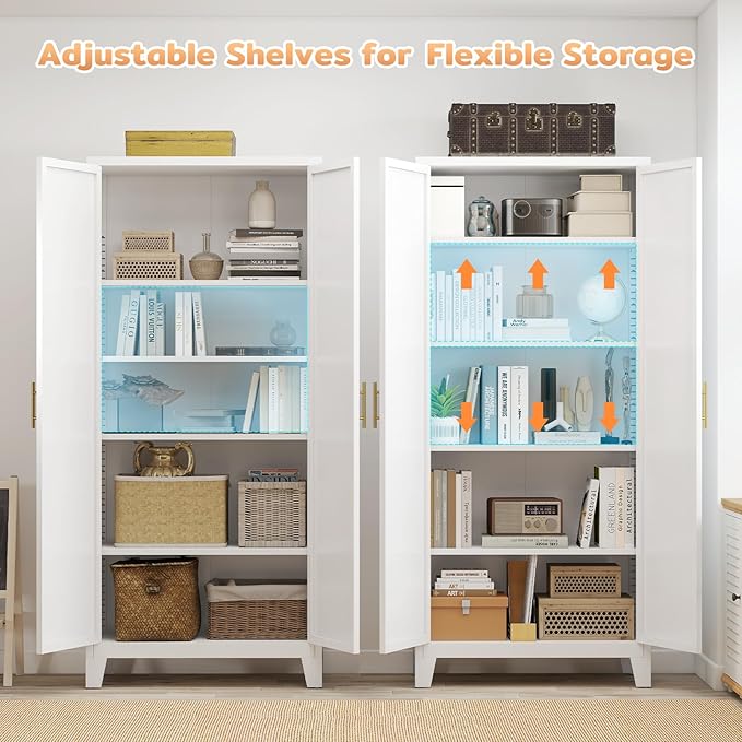 Zevemomo 71'' Tall Metal Pantry Cabinet with 2 Doors, Freestanding Kitchen Storage Cabinet with 4 Adjustable Shelves, Steel Cupboard for Kitchen, Pantry, Dining Room, Living Room, Bathroom, White