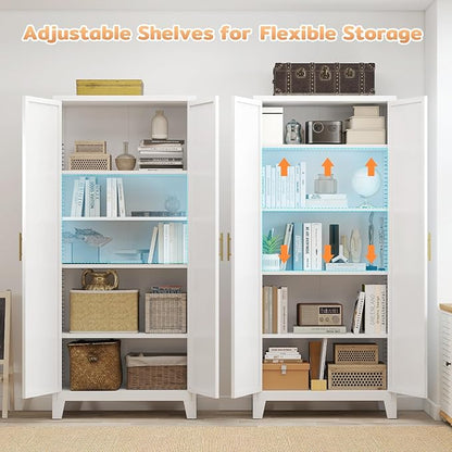 Zevemomo 71'' Tall Metal Pantry Cabinet with 2 Doors, Freestanding Kitchen Storage Cabinet with 4 Adjustable Shelves, Steel Cupboard for Kitchen, Pantry, Dining Room, Living Room, Bathroom, White
